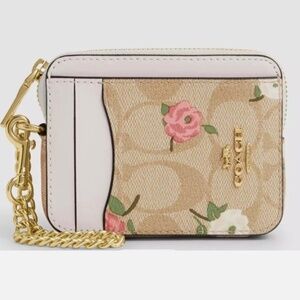 COACH Khaki Signature & Leather Floral Print Zip Card Case CR971 BNWT